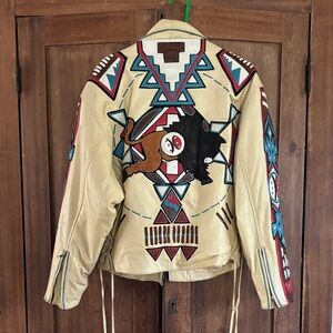 Vintage Leather Motorcycle Jacket with Tribal Design